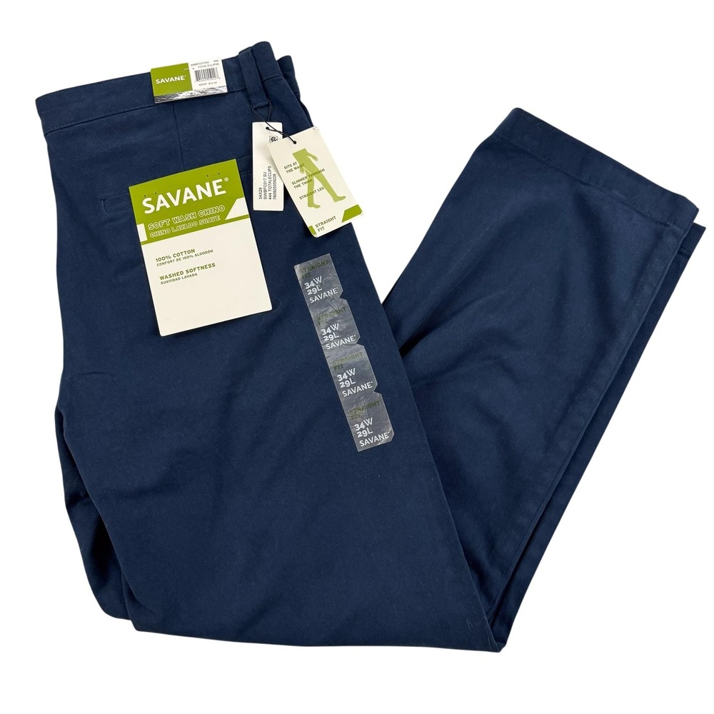 Savane Soft Wash Chino Pants Mens 34 Blue Straight Fit Office Work 35x29 NEW $75
